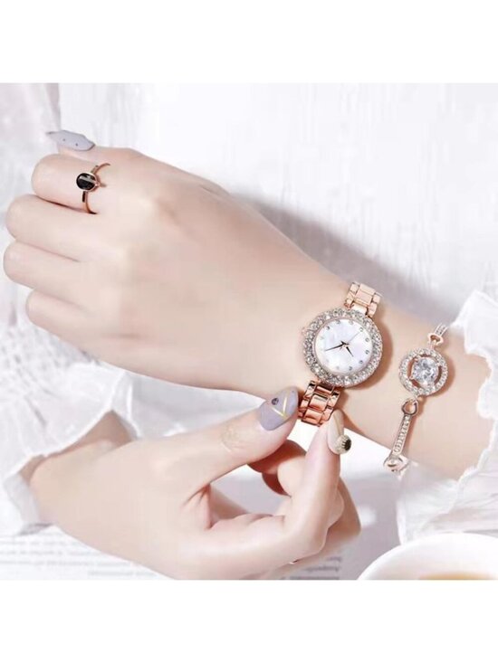 Women\'s Rose Gold Analog Quartz Classic Alloy Strap Crystal Bracelet Set Watch
